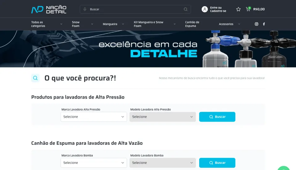 Loja Nação Detail no ar, limpeza técnica automotiva com filtro por marca e modelo, construída pela Yep!